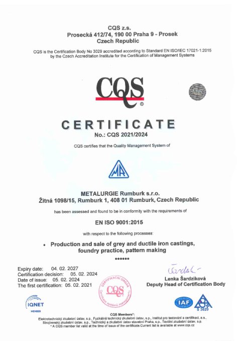 CQS Certificate - ČSN EN ISO 9001:2016
