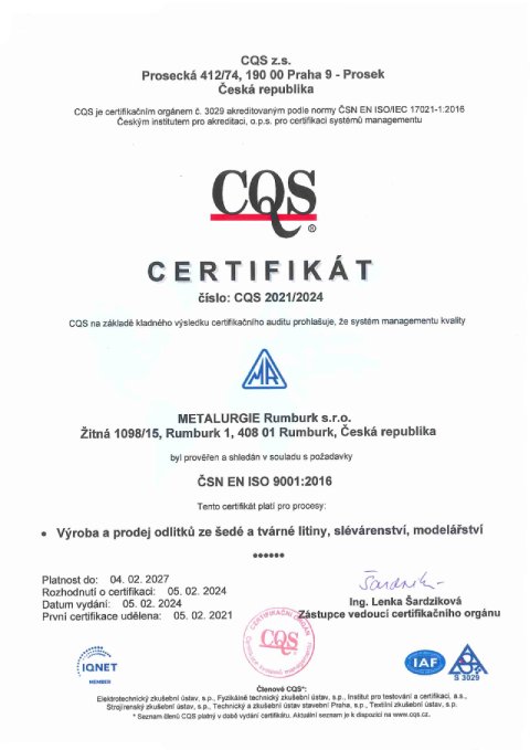 CQS Certifikát - ČSN EN ISO 9001:2016