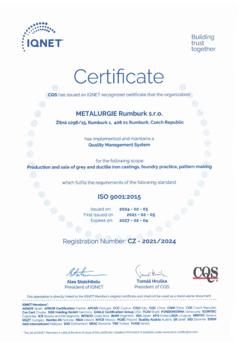 IQNET Certifikát - ISO 9001:2015
